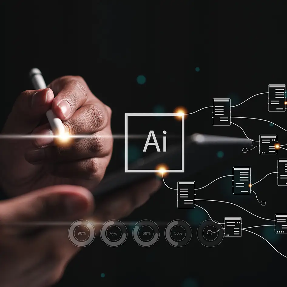Hand holding a stylus pen next to AI icon