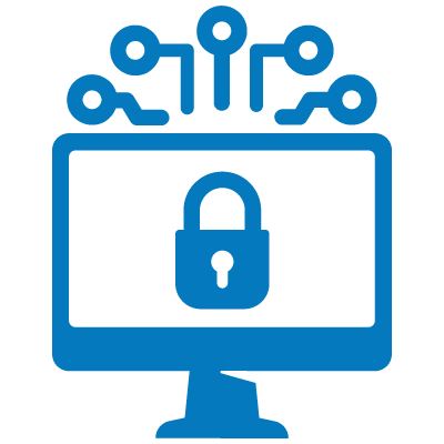 Blue icon of a desktop computer with a lock on the screen